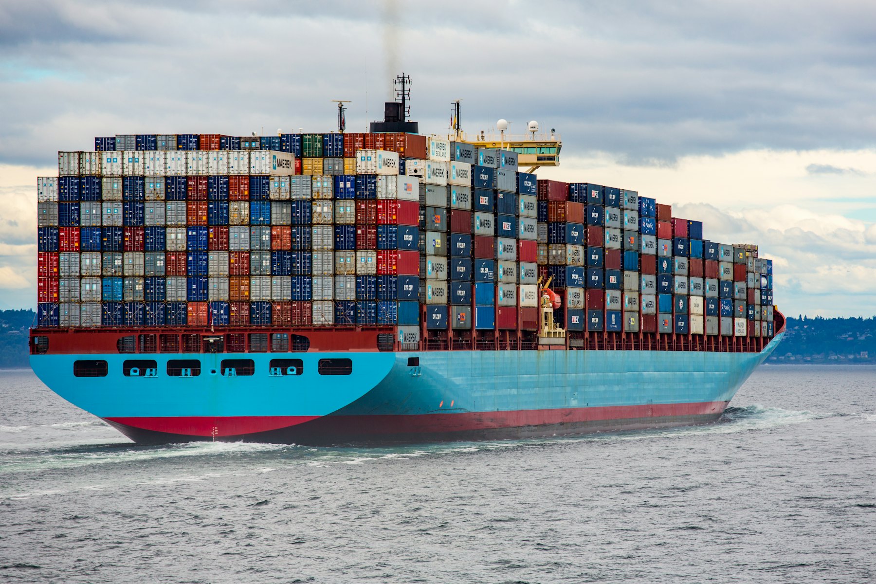 Container ship at sea seen from above